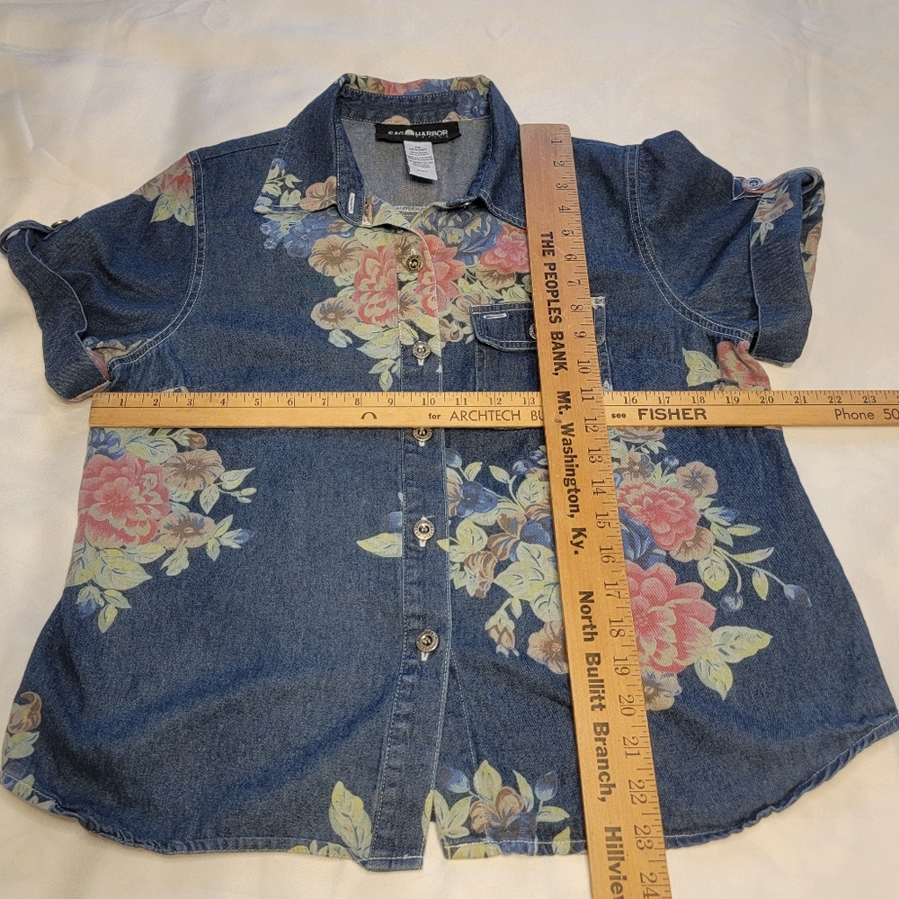 VTG Denim Floral Button Up Shirt Short Sleeve Sag Harbor Woman Retro Feminine - Picture 8 of 9